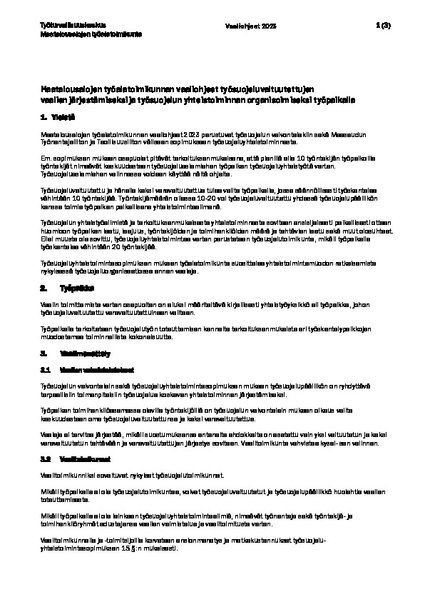Maatalousalojen työalatoimikunnan vaaliohjeet työsuojeluvaltuutettujen vaalien järjestämiseksi ja työsuojelun yhteistoiminnan organisoimiseksi työpaikalla