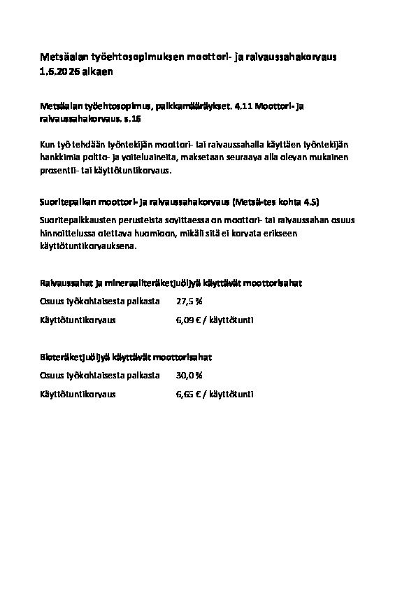 Metsäalan työvälinekorvaus 1.6.2026 alkaen