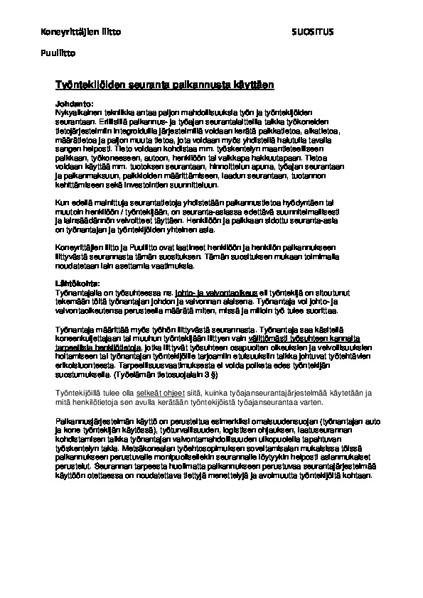 Metsäkoneala – Työn seurannan ja siitä sopimisen suositus
