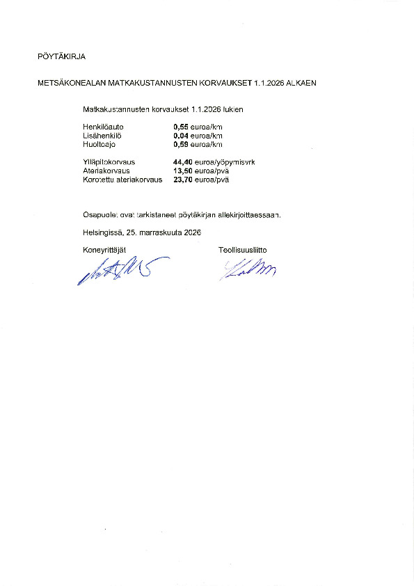 Metsäkonealan matkakustannusten korvaukset 2026