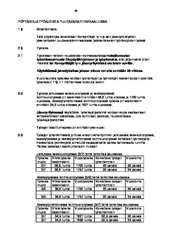 Metsäkonealan pöytäkirja työajoista puutavaraterminaaleissa