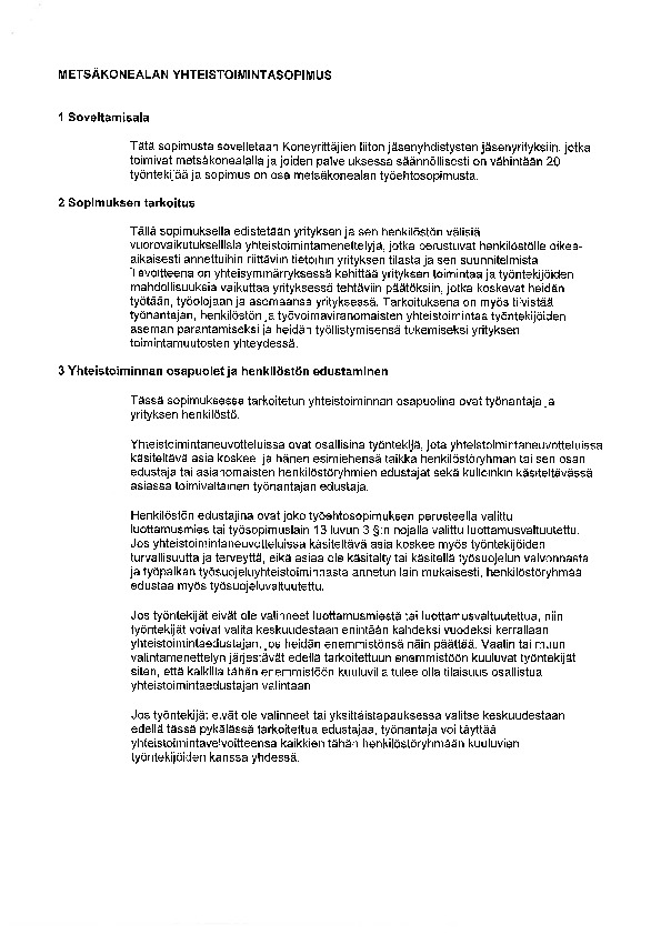 Metsäkonealan yhteistoimintasopimus