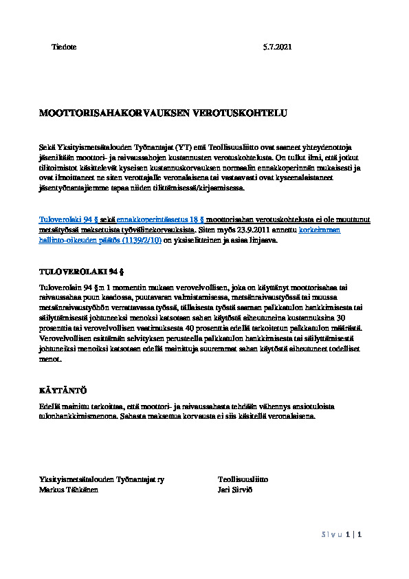 Moottori- ja raivaussahan verokohtelu palkkoja maksettaessa