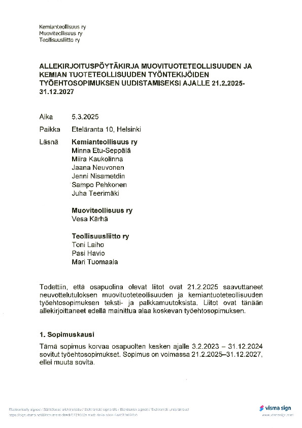 Muovituoteteollisuuden ja kemian tuoteteollisuuden allekirjoituspöytäkirja 2025–2027