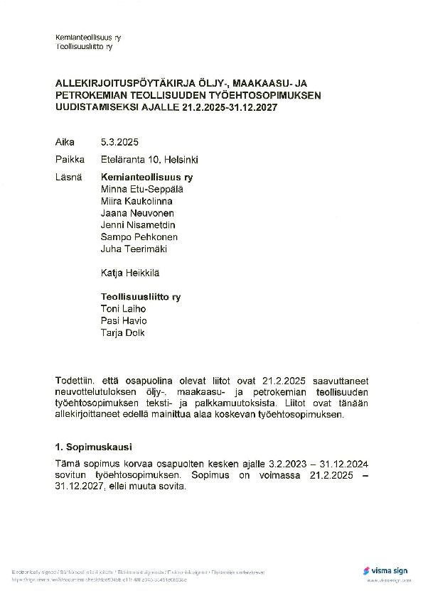 Öljy-, maakaasu- ja petrokemian teollisuuden allekirjoituspöytäkirja 2025–2027