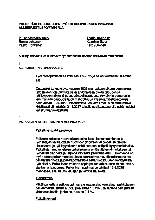 Puusepänteollisuuden työehtosopimuksen 2025–2028 allekirjoituspöytäkirja