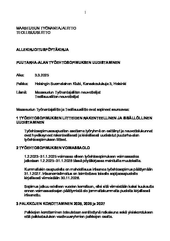 Puutarha-alan allekirjoituspöytäkirja 2025–2028