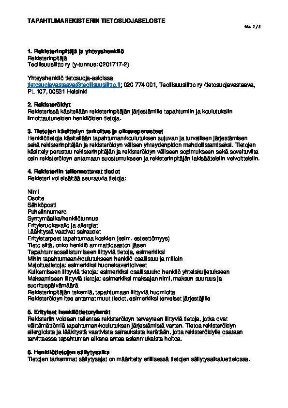 Tapahtumarekisterin tietosuojaseloste