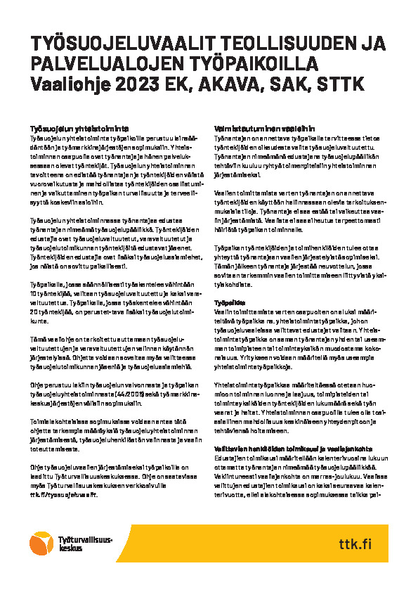 Teollisuuden ja palvelualojen työsuojeluvaaliohjeet