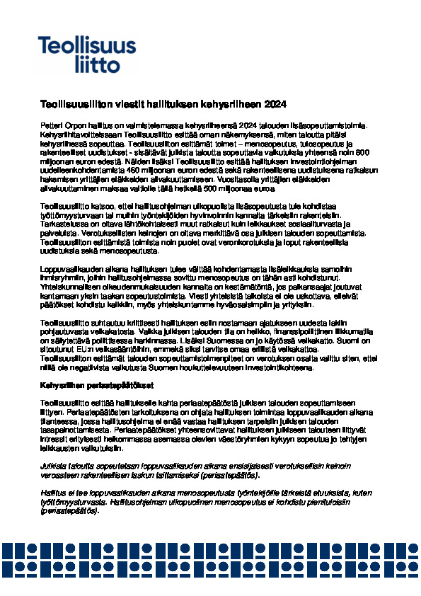 Teollisuusliiton viestit hallituksen kehysriiheen 2024