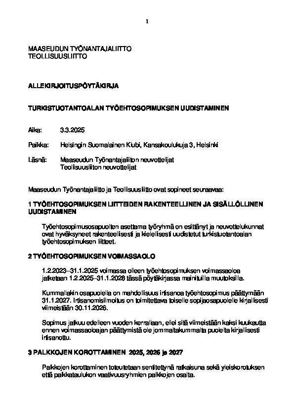 Turkistuotantoalan allekirjoituspöytäkirja 2025–2028