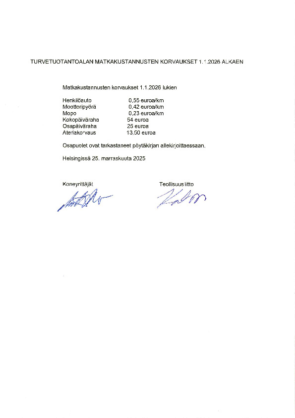 Turvetuotantoalan matkakustannusten korvaukset 1.1.2026 alkaen