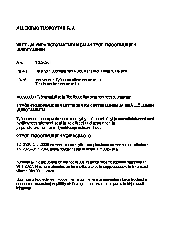 Viher- ja ympäristörakentamisalan allekirjoituspöytäkirja 2025-2028